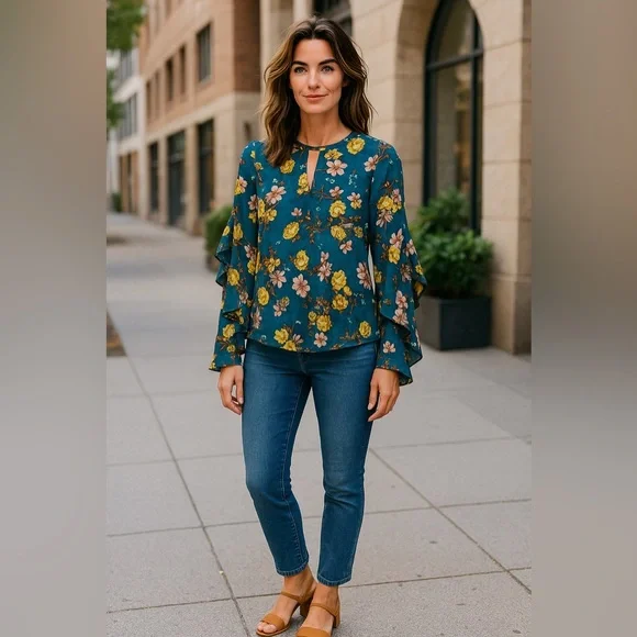 Lily White Teal Floral Ruffle Sleeve Blouse Size Medium - Picture 2 of 3